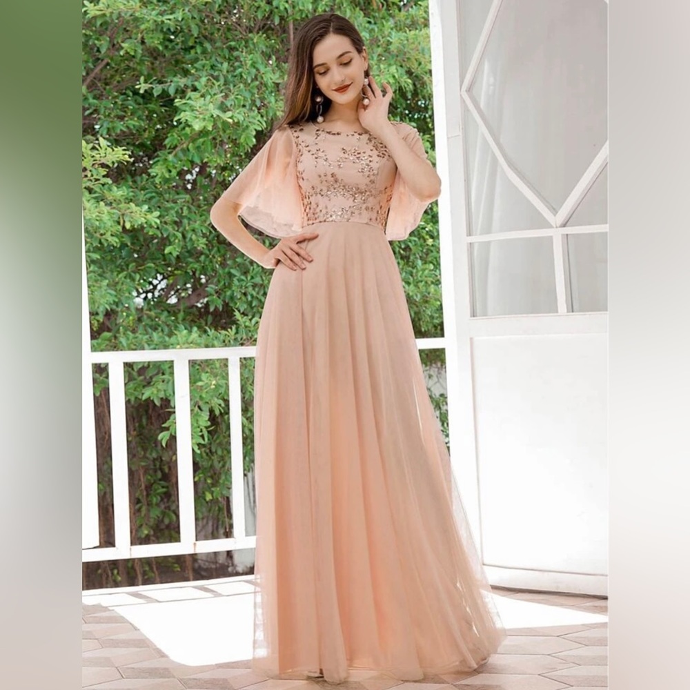 Ever Pretty Flutter Sleeve Contrast Sequin Mesh Prom Dress